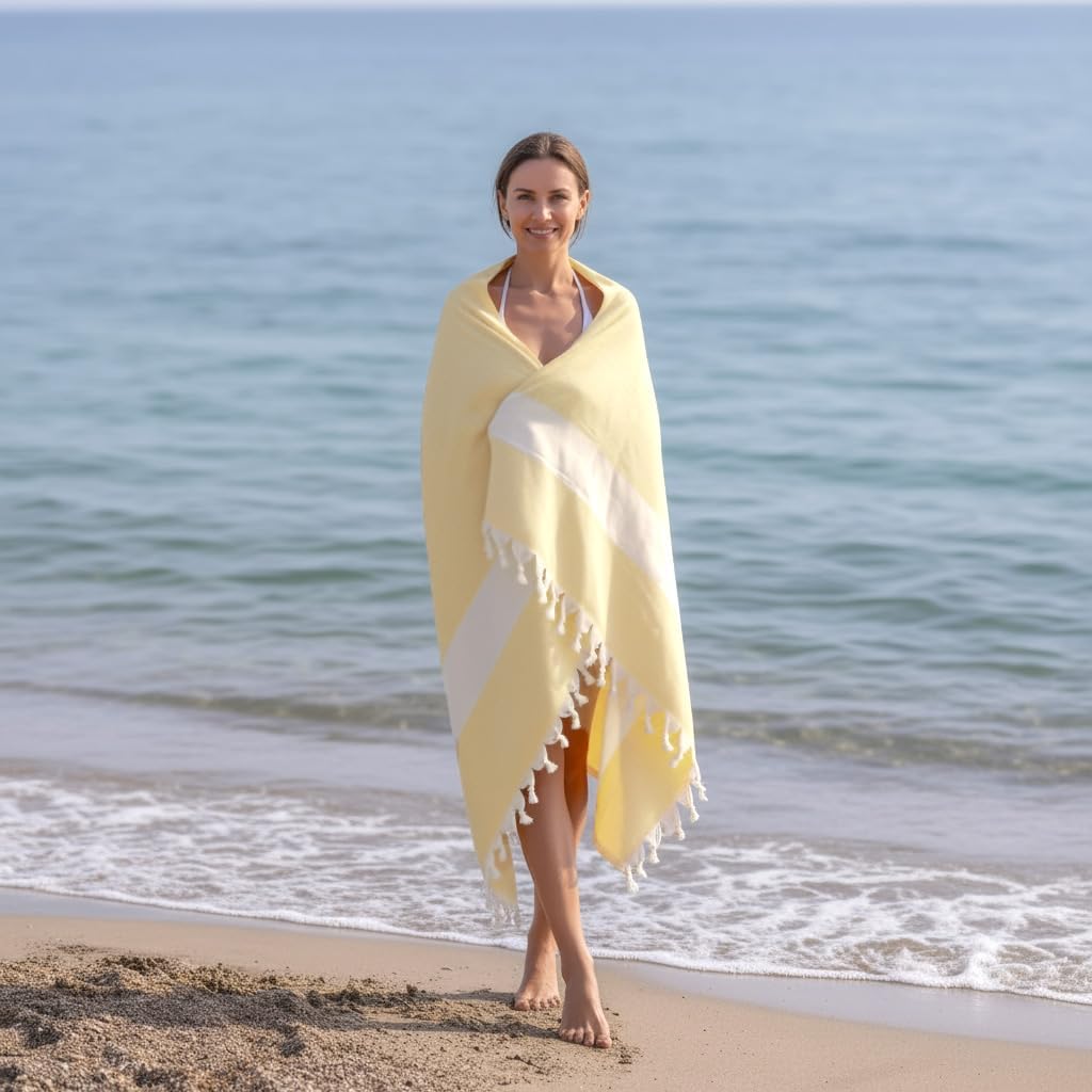 Turkish Beach Towel - 100% Cotton, Quick Dry & Sand Free | Oversized 71x39 Inches - Diamond Yellow