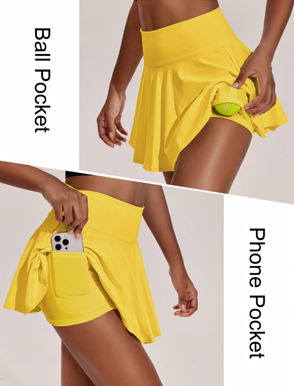 PINSPARK Womens Tennis Skirt High Waist Pleated Mini Skirts Tummy Control Athletic Skort with Pockets, Yellow XL