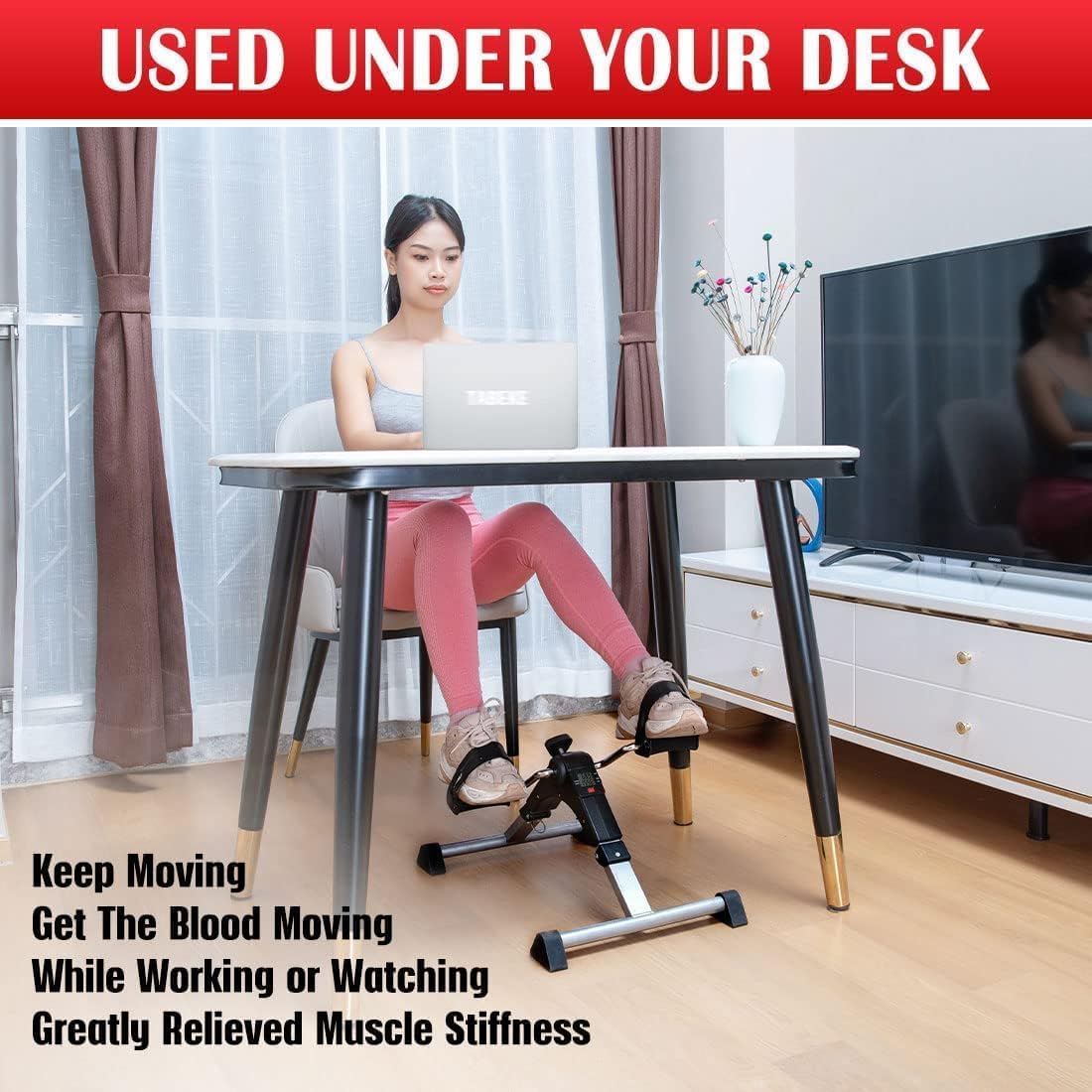 TABEKE Under Desk Pedal Exerciser, Fully Assembled Mini Exercise Bike for Leg and Arm Workouts, Foldable Desk Bike Peddler Machine for Seniors with Clear LCD Display & Adjustable Resistance (Sliver)