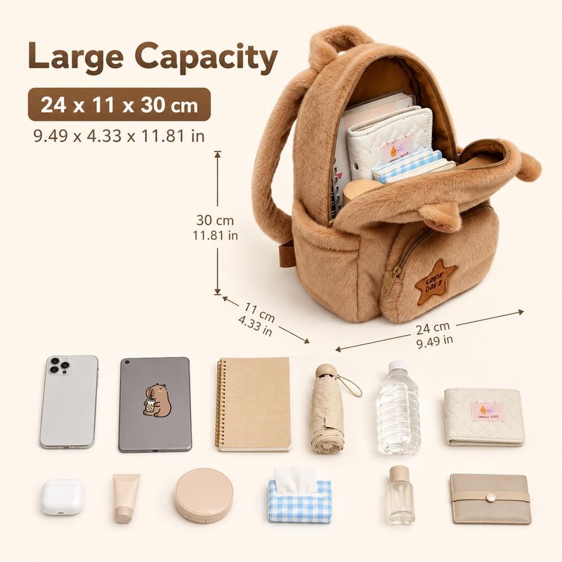 Capybara Plush Backpack, 11.8 Inch Kawaii Capibara Bag with Adjustable Straps, Soft Large Capacity Daypacks for Travel, Festival, Daily Outings, Gift for Teens Girls