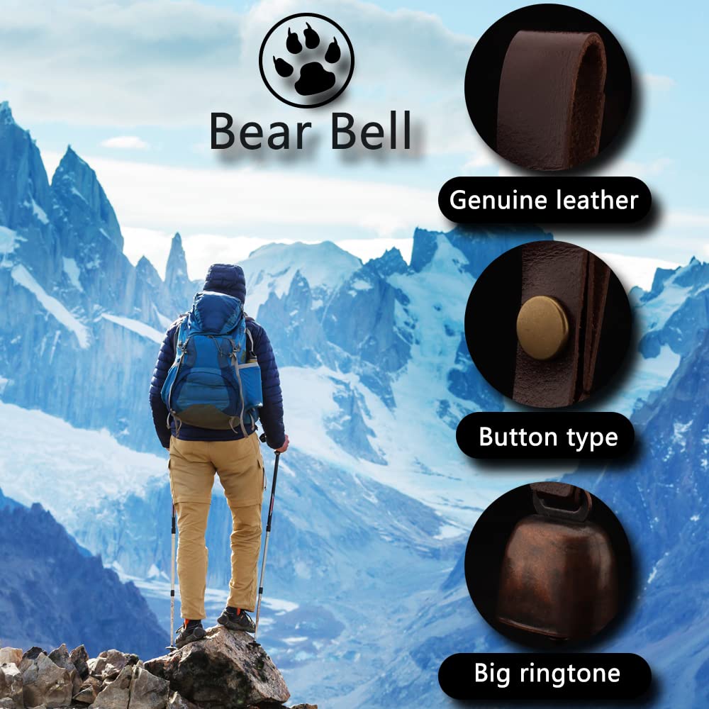 Loud Bear Bells with Leather Button Strap and Emergency Whistle for Survival, Hiking, Biking, Fishing, Climbing（2sets