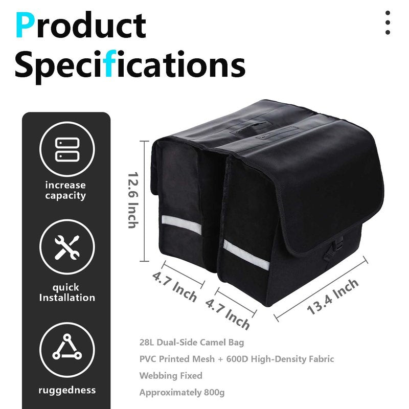 Bike Panniers Rear Rack Bag, 28L Large Capacity Water-repellent Bicycle Saddle Bags, Sturdy and Wearable Bicycle Trunk Bag with Reflective Trim for Grocery Shopping Commuter Long Cycling Trip