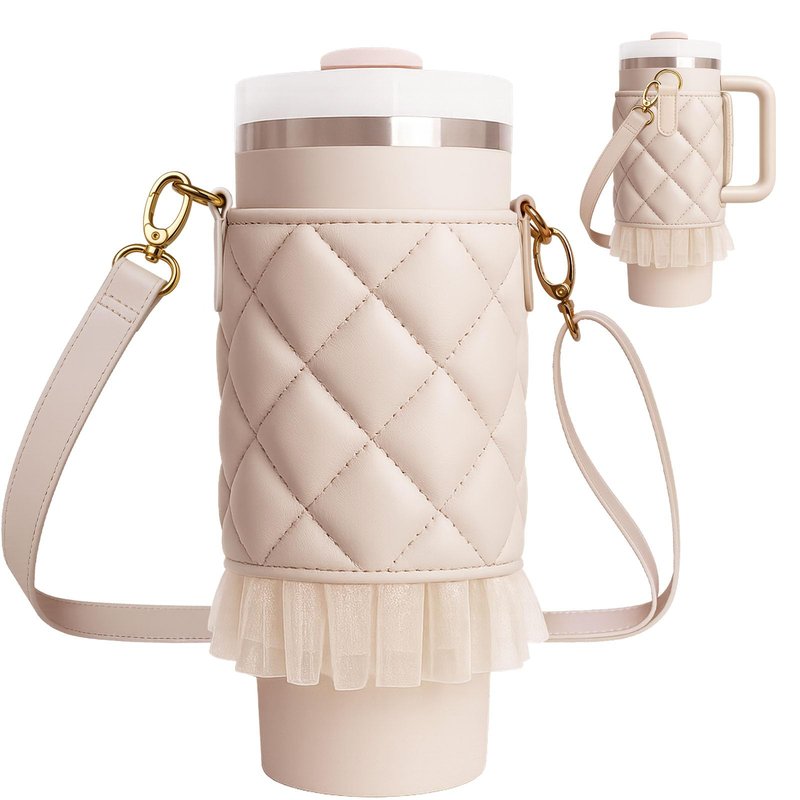 Water Bottle Carrier Bag for Stanley 40 oz Tumbler with Handle, Cute Lace Ruffle Style, Quilted Crossbody Bags with Strap for Teen Girl Gifts Trendy Stuff, Fits Stanley Cup Accessories