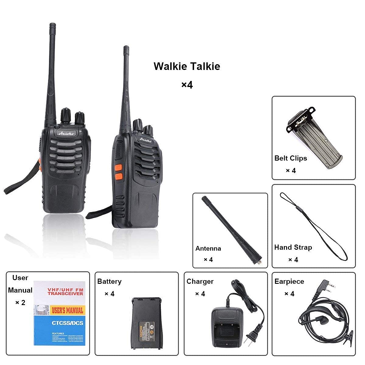 Ansoko Long Range Walkie Talkies Rechargeable Two Way Radios 16-Channel UHF 2-Way Radio for Adults (Pack of 4)