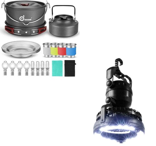 Odoland Bundle – 2 Items 22pcs Camping Cookware Mess Kit and Portable LED Camping Lantern with Ceiling Fan