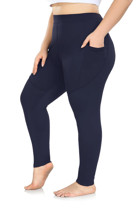 ZERDOCEAN Women's Plus Size Fleece Lined Leggings with Pocket High Waist Winter Thermal Soft Workout Yoga Pants Navy 2X