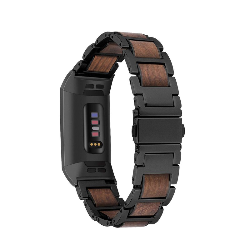 Ayeger Wood Band Compatible for Fitbit Charge 4/3 Bands,Sandalwood Stainless Steel Replacement Metal Watch Women Men Wristband Strap Blacelet (Black)