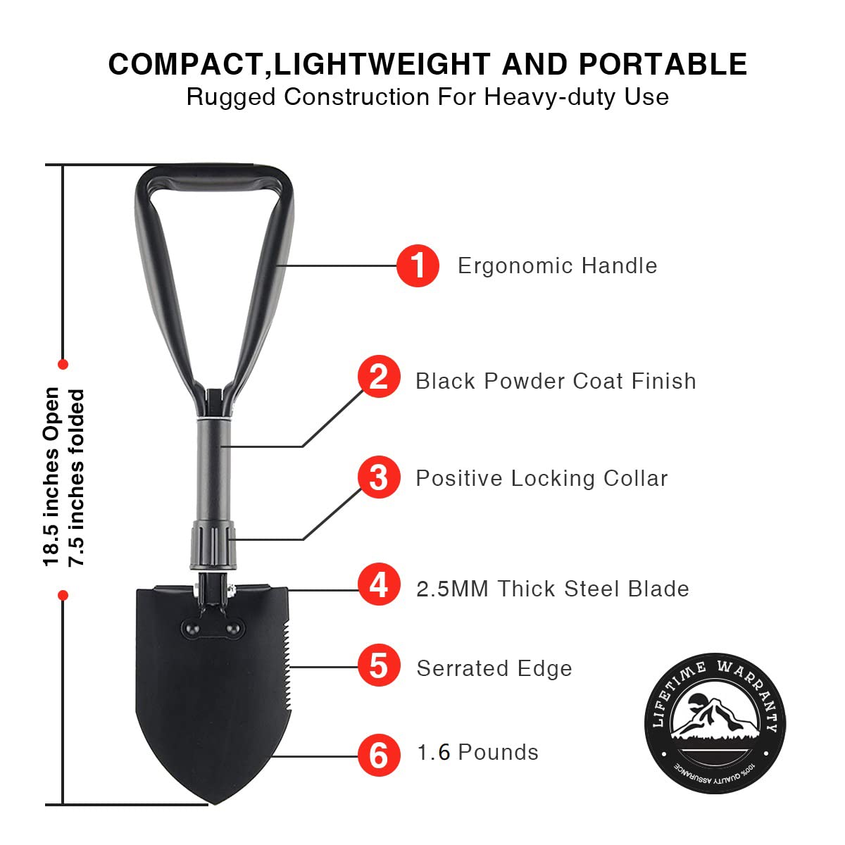 BEHANDY 18.5" Folding Shovel, Collapsible Shovel for Car Snow, Camping Shovel and Pickax, Military Entrenching Tool for Gardening, Camping, Sand, Off Road, Portable Car Emergency kit