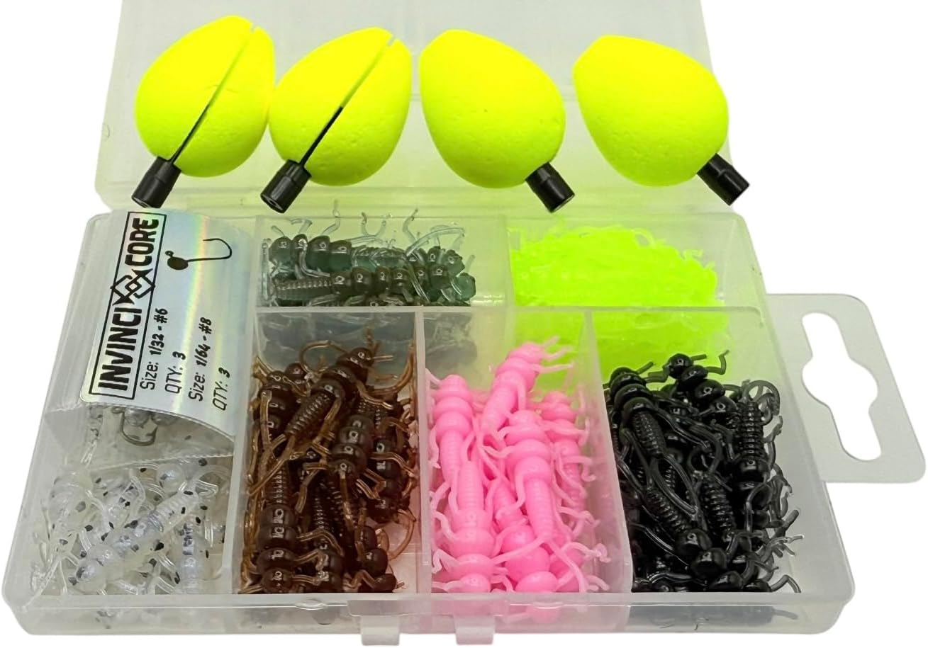 Stonefly Fishing Lure Kit - 101-Piece Crappie Trout Panfish Bait Set with Jig Heads & Tackle Box | 1.375” Hi-Viz Floats
