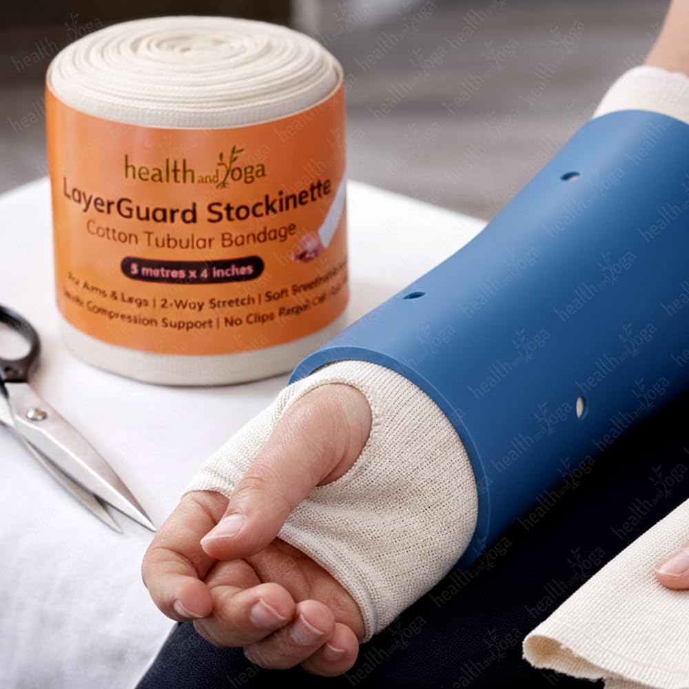 LayerGuard Cotton Stockinette Sleeve Roll, Stretchable Raw Cotton – Comfort wear, Sweat Absorbent Tubular Bandage – Prevents Residue Build up - Under-Over Cast Sleeve Bandage Wear (Off-White, 4 Inch)
