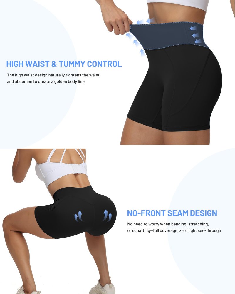Moozava Womens 5" Athletic Biker Shorts with PocketHigh Waisted Tummy Control Non See Through Spandex Booty Shorts for Workout Yoga Gym Running Black M
