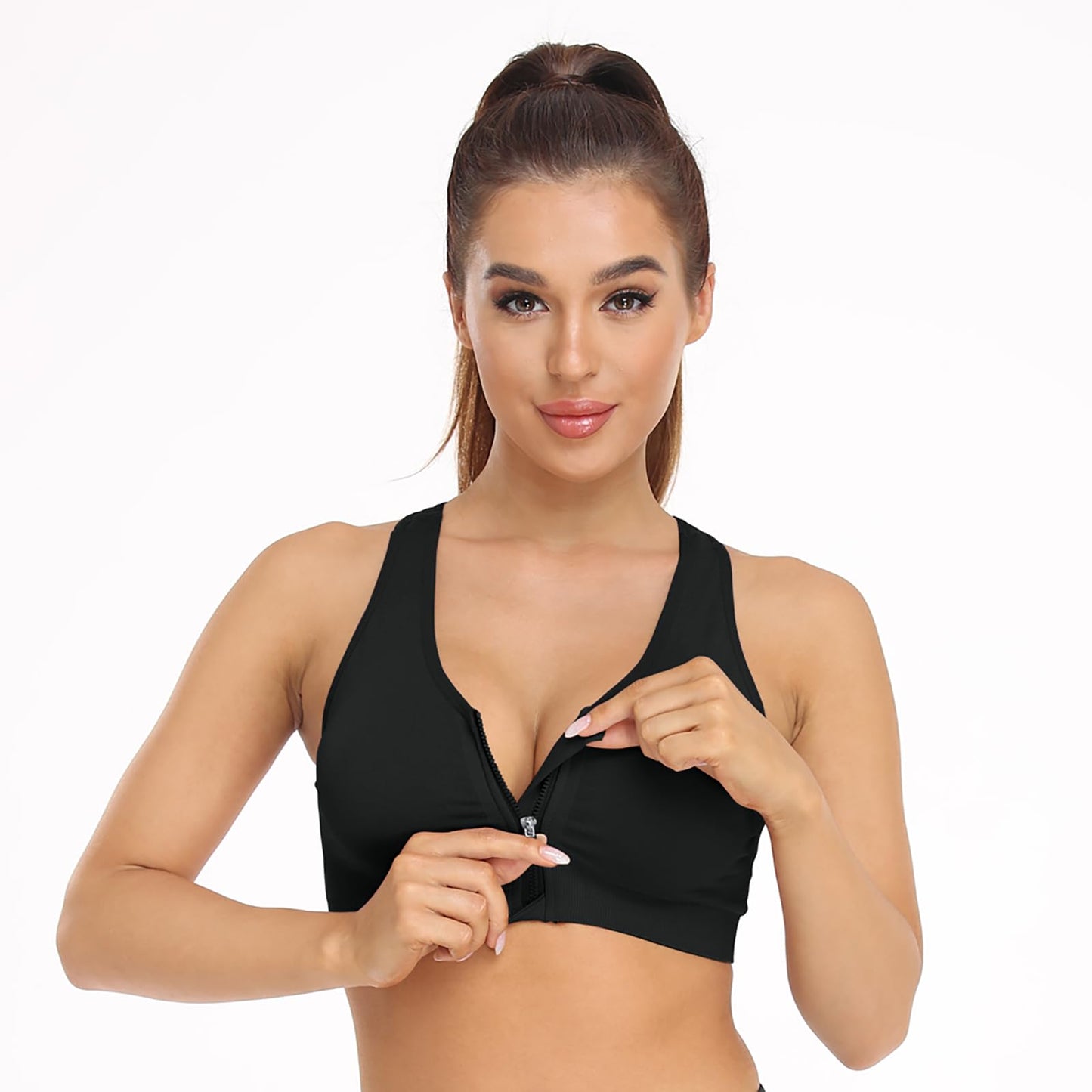 Women's Zip Front Sports Bra Wireless Post-Surgery Bra Zipper Closure Bras Padded Surgical Bra Racerback Workout Bras Active Yoga Sports Bra (XL:Fit 36D,36DD,38C,38D,40B,40C, 3 pack(Black+White+Grey))