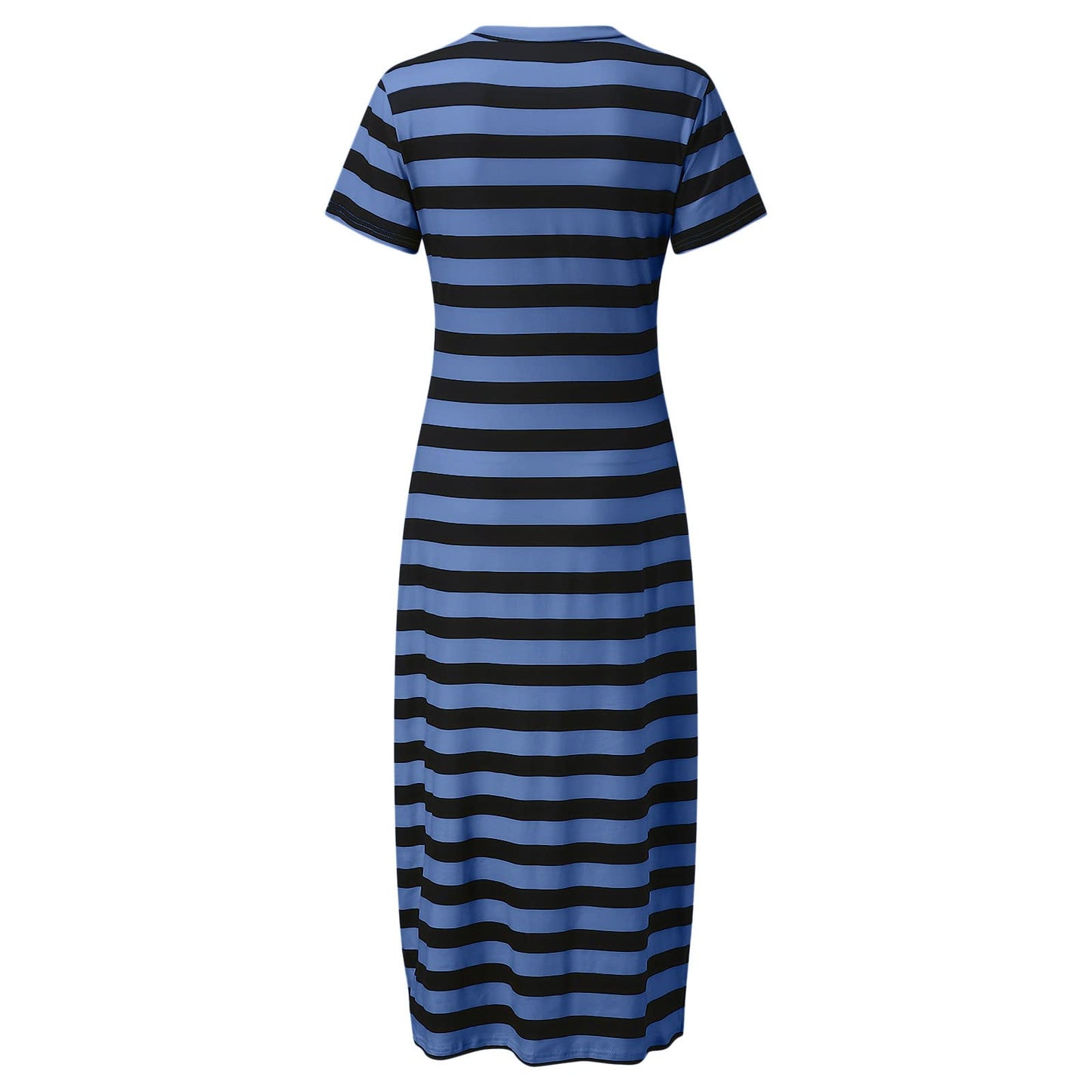 Willisos Maxi Dresses for Women 2024 Women's Summer Maxi Dress Loose Casual Long Dress Striped Short Sleeve Split Sundresses Blue, Large