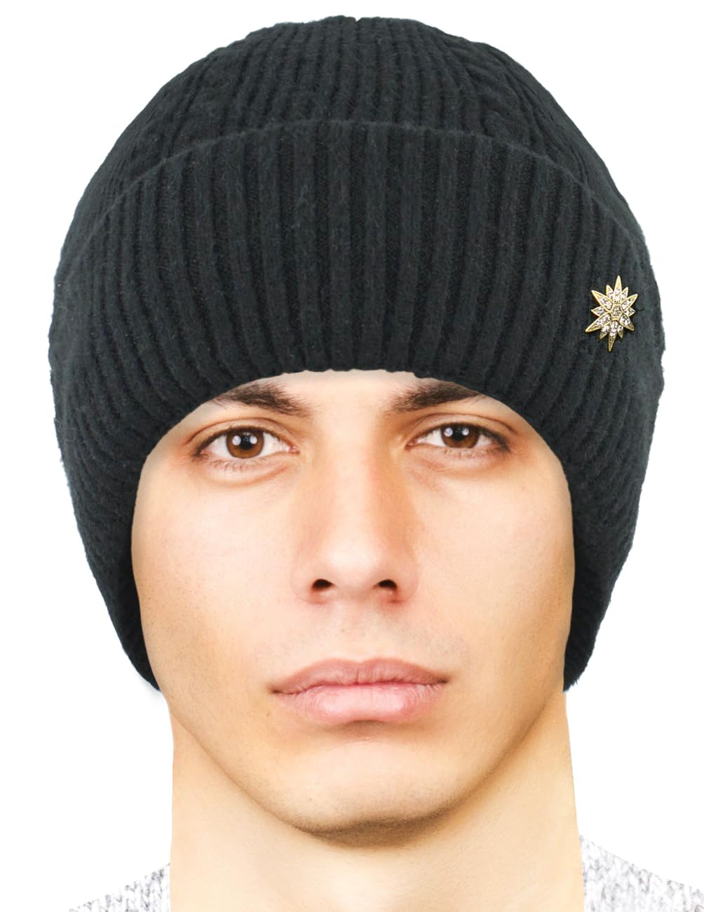 Dahlia Men's Beanies - Wool, Cable Knit Winter Hat, Fleece Lined, XL, Black