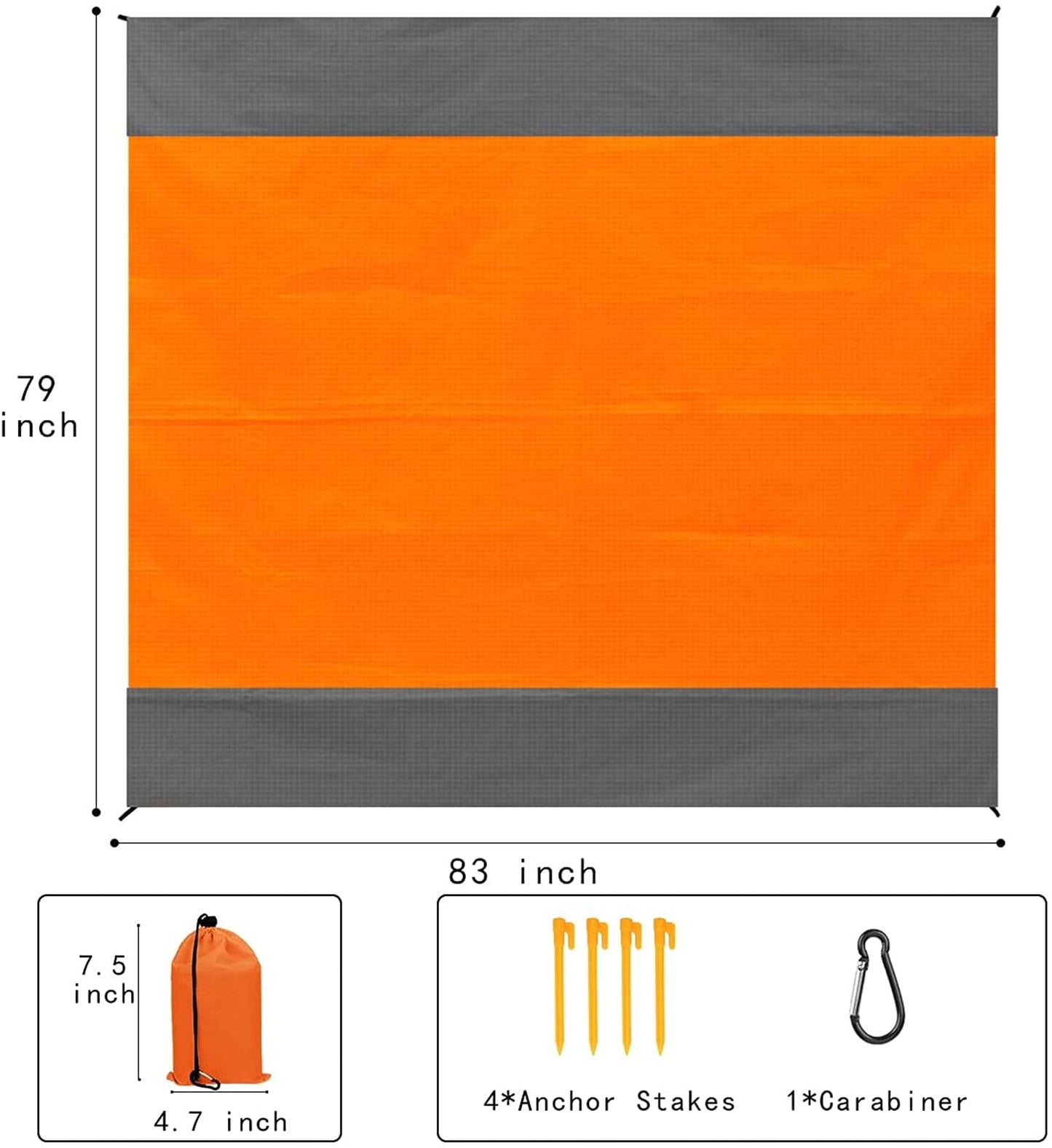 Beach Blanket, 79''×83'' Picnic Blankets for 4-7 Adults, Waterproof & Sandproof, Oversized Lightweight Beach Mat, Portable Picnic Mat, Waterproof Mat for Travel (Orange-Gray)