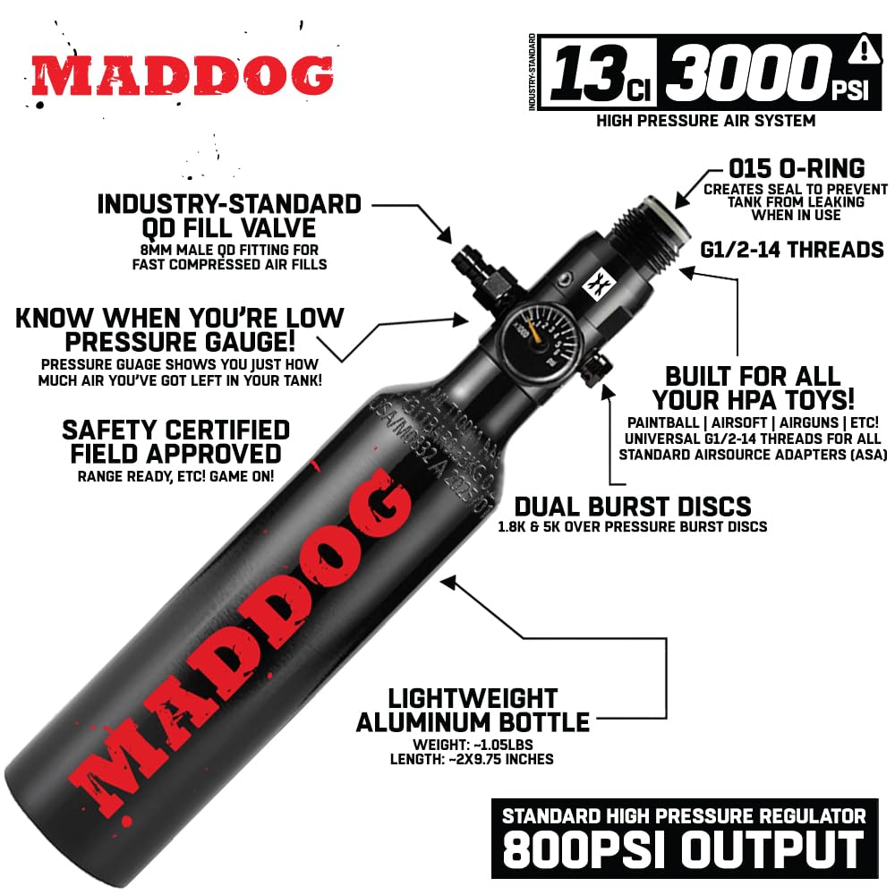 Maddog 13ci/3000psi Aluminum Compressed Air HPA Paintball Tank with Regulator - Hydro Cycle Exempt - Refillable Tank Ships Empty - 3 Pack