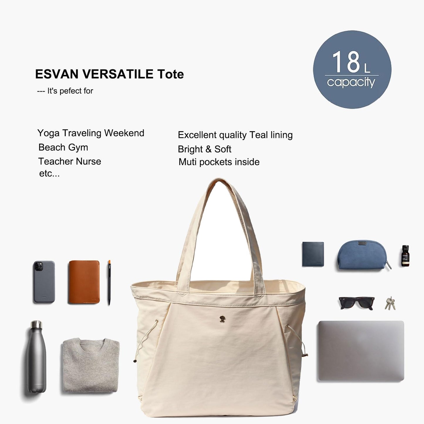 ESVAN Tote Bag with Yoga Mat Carrier Pocket for Women Shoulder Bags Drawstring for Office Workout Travel Carryall Pilates Gym and Beach