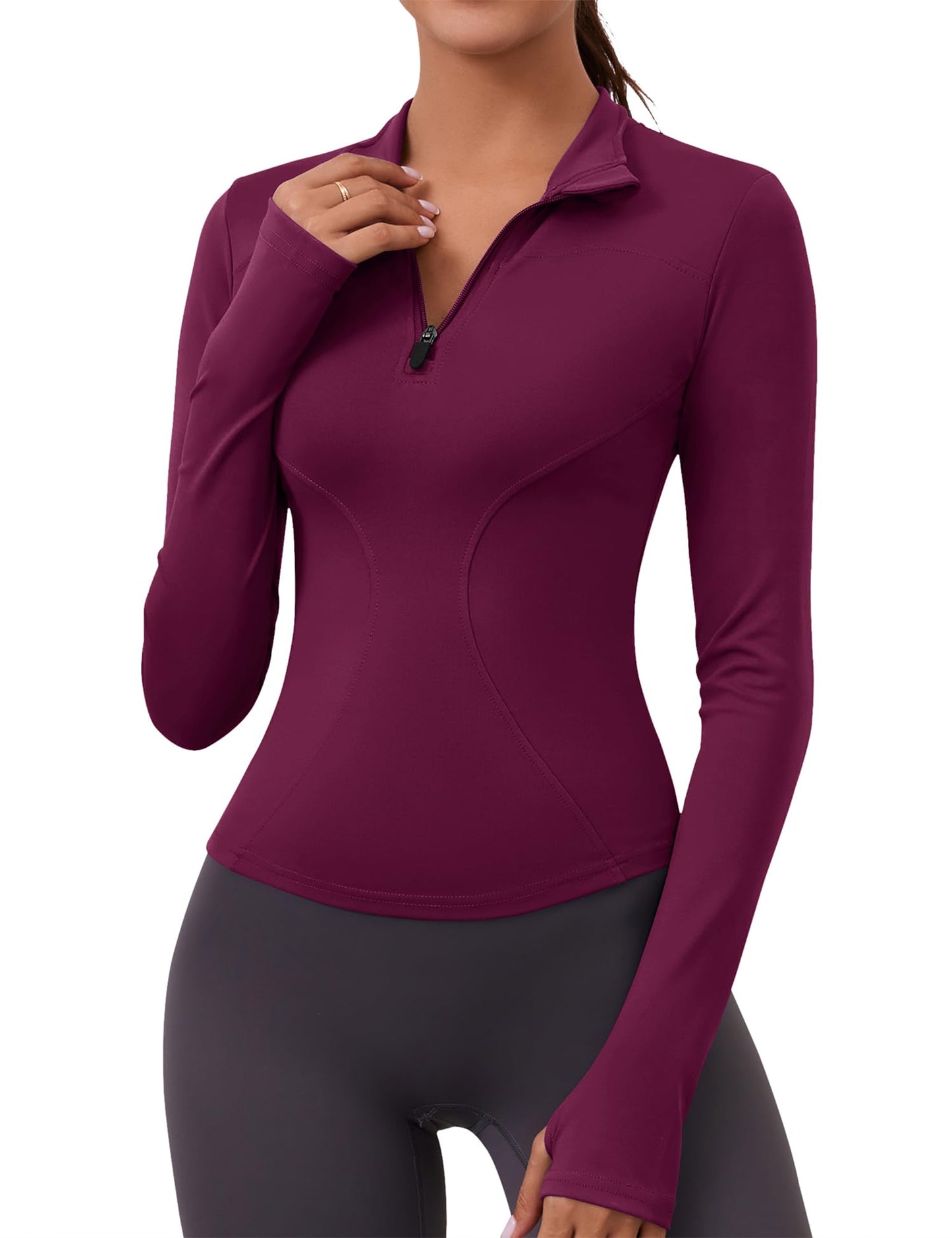 LOMON Long Sleeve Fall Workout Tops Womens Crop Quarter Half Zip Pullover Athletic Yoga Shirts Running Wear(Wine,Medium)