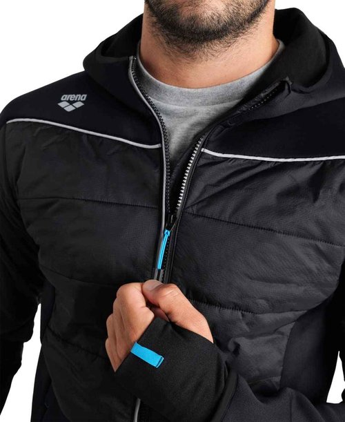 ARENA Team Unisex Half-Quilted Hooded Jacket Regular Fit Full Zip Side Pockets Insulated Panels Reflective Taping Athletic Sports Cold Weather Coat, Black, Large