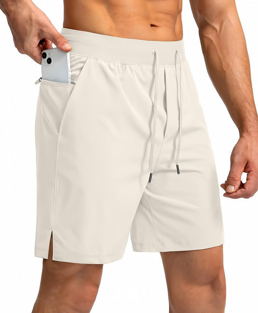 Soothfeel Men's Running Shorts with Zipper Pockets 7 Inch Lightweight Quick Dry Gym Athletic Workout Shorts for Men (Bone, XS)