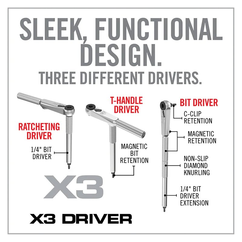 Real Avid X3 Ratcheting Screwdriver Set with 13 Bits, 3-in-1 Driver, T-handle & Extension - Includes 4 Hex 4 Torx 3 Metric 4 Standard Hex & Phillips