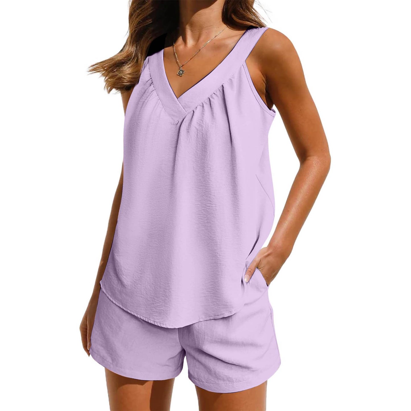 YAFINMO Deals of The Day Clearance Lounge Sets for Women 2 Piece Pajama Outfits V Neck Tank Top and Shorts with Pockets Sleepwear Vacation Set My Orders Purple