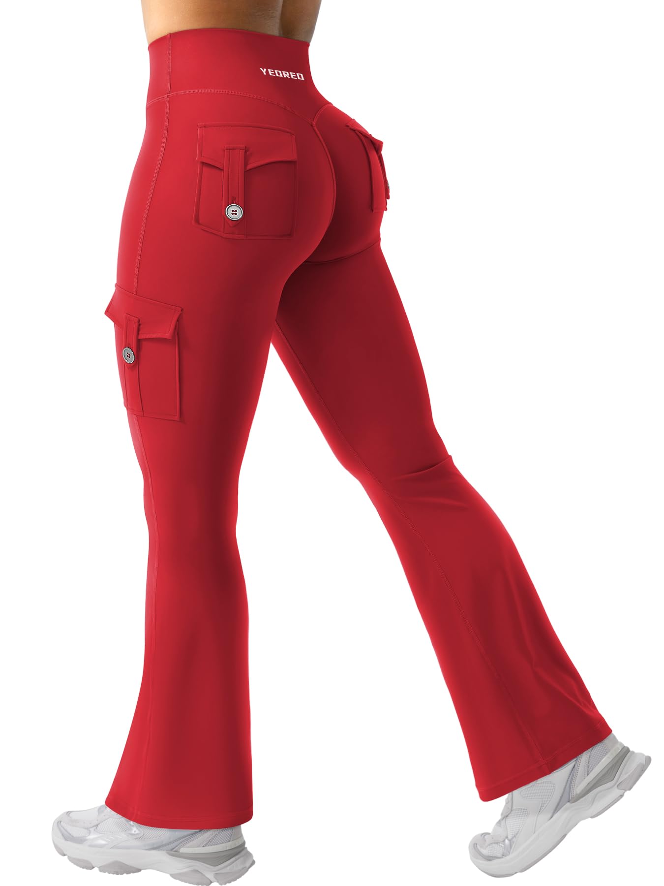 YEOREO CoreFlex Women Workout Flare Leggings with Pockets Scrunch Cargo Gym Yoga Leggings 28" Inseam Red M