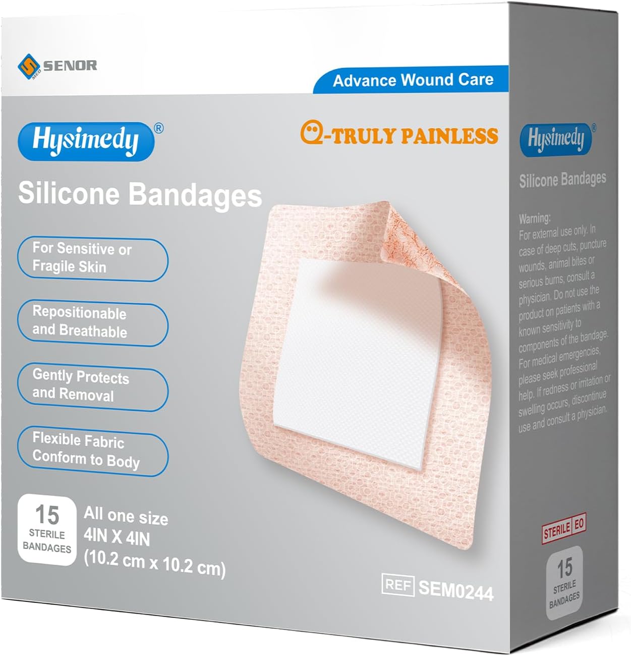 Silicone Bandages for Sensitive Skin - 4"x4" Flexible, Latex-Free, Hypoallergenic | 15 Count, Easy Removal for Kids & Seniors