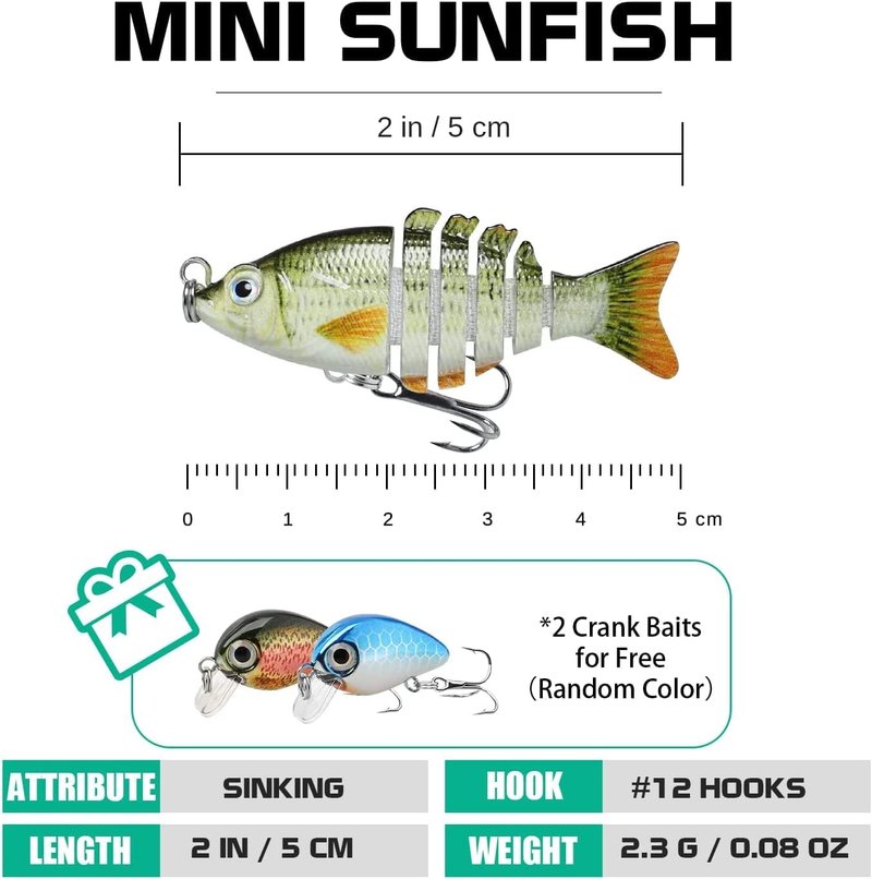 Topwater Fishing Lures for Bass - Multi Jointed Swimbait, Lifelike Sunfish/Duck/Mice Design for Trout