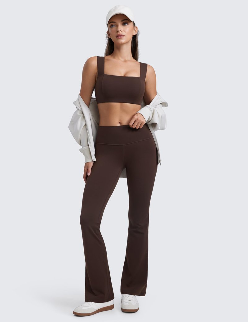 CRZ YOGA Butterluxe Wide Straps Sports Bras for Women - Square Neck Padded Open Back Camisole Yoga Crop Top Hot Fudge Brown Small