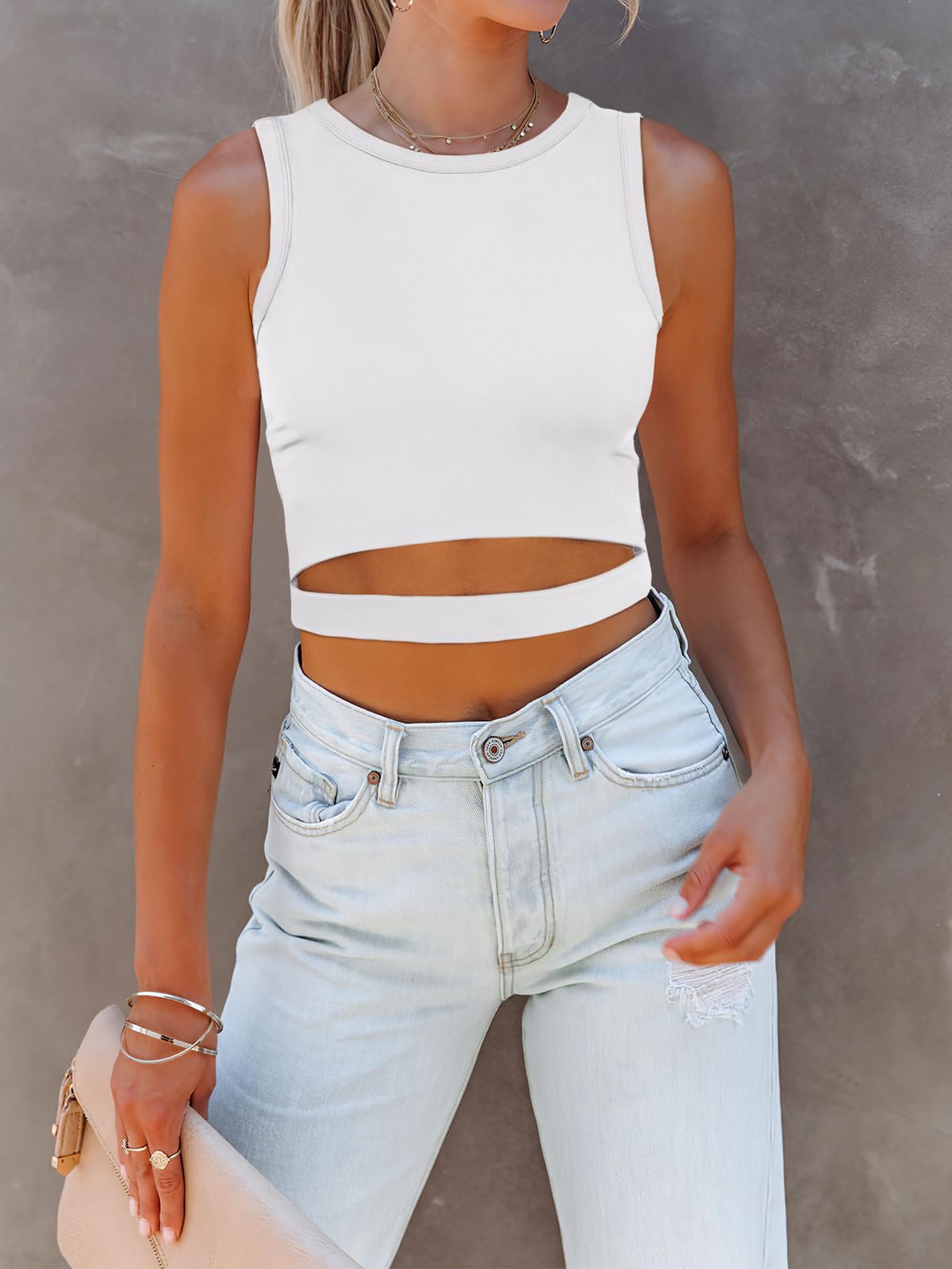 ANRABESS Women Tank Tops High Neck Sleeveless Sexy Cutout Racer Back Going Out Crop Tops Shirts Summer Y2K Outfits White Small