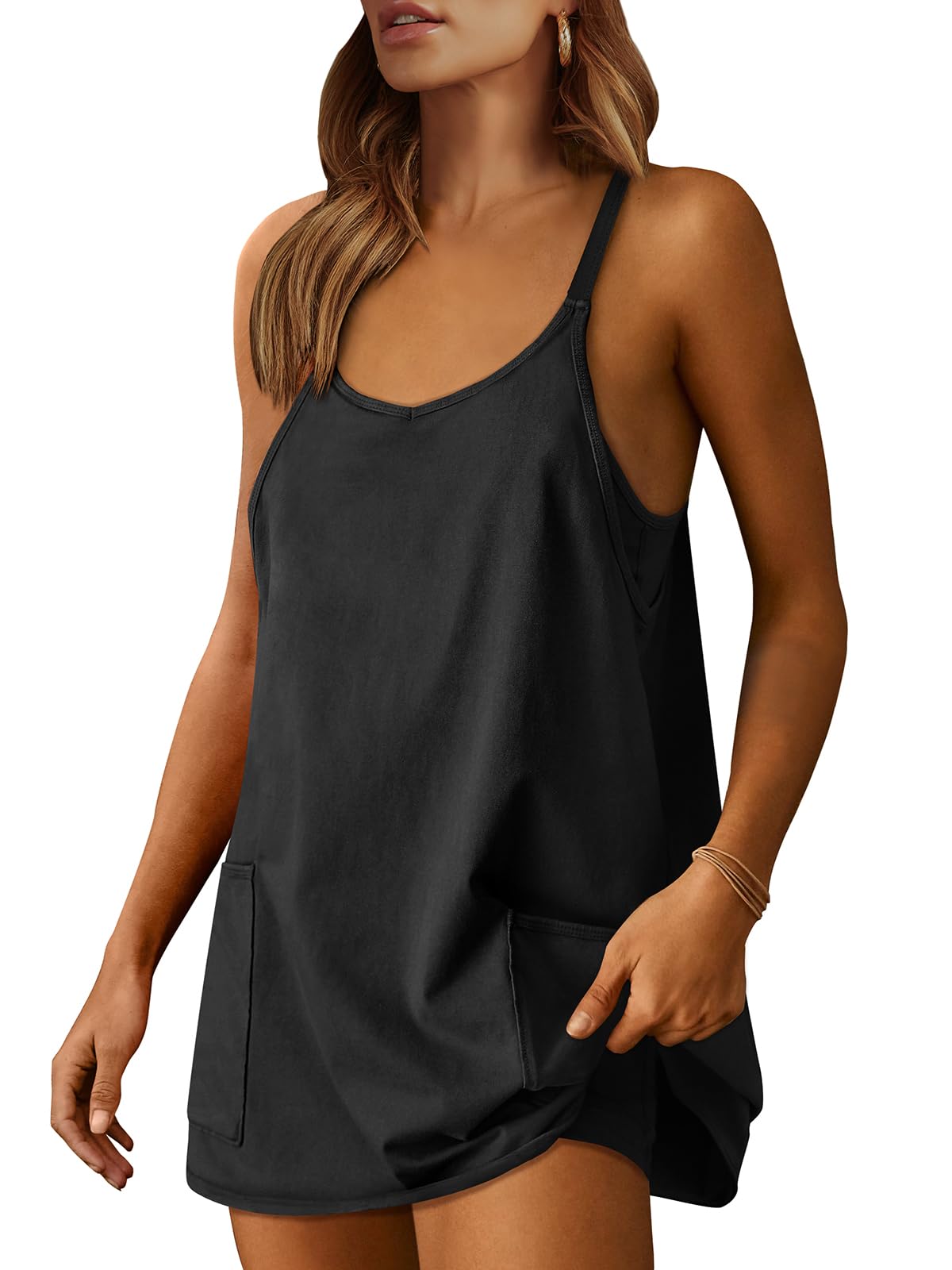 ANRABESS Women Athletic Dress Summer Tennis Workout Active Sports Mini Romper Dress Built in Shorts Travel Vacation Clothes Black X-Smal
