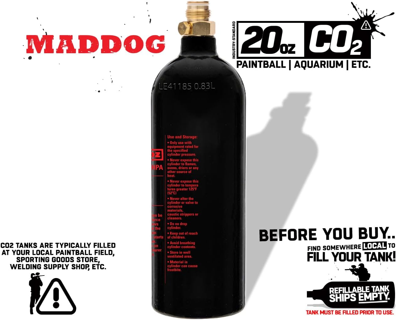 Maddog 20 Oz Refillable Aluminum CO2 Paintball Tank | Lightweight & Durable Design
