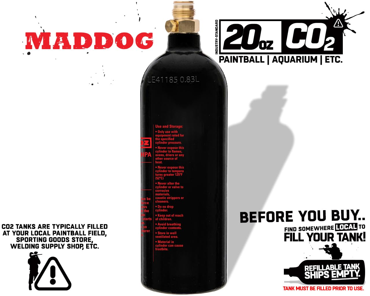 Maddog 20 Oz Refillable Aluminum CO2 Paintball Tank - Ships Empty - 1 Pack