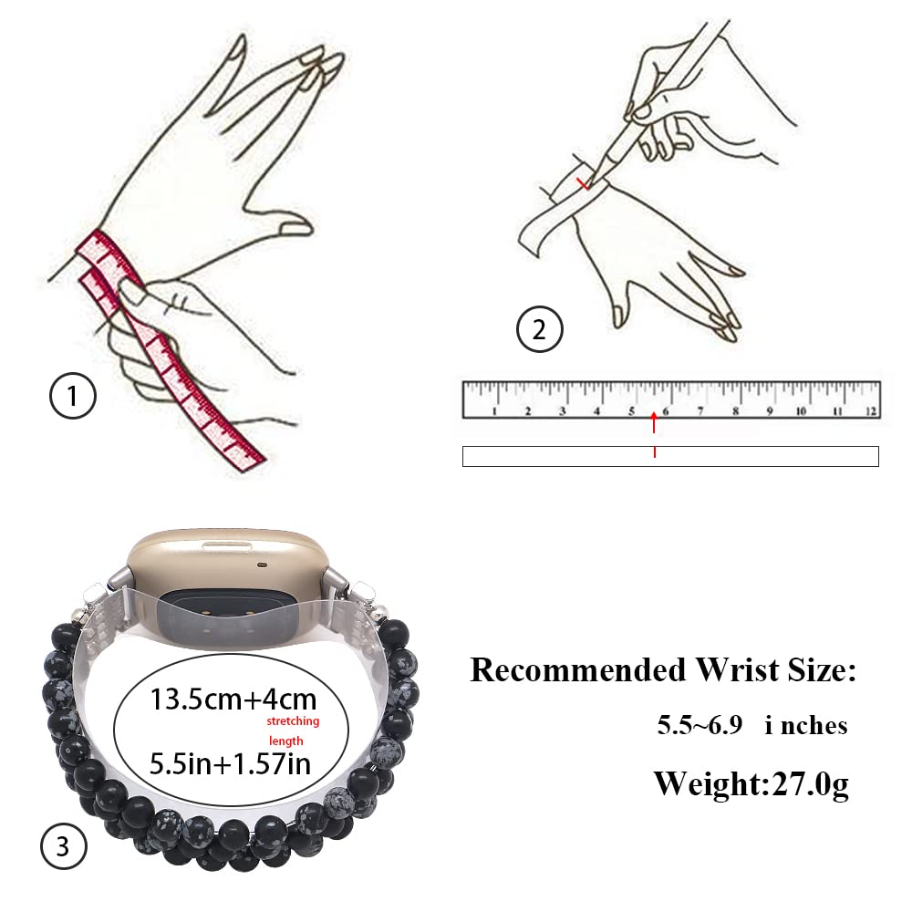 C&L Accessories Bracelet Compatible with Fitbit Versa 3/Fitbit Versa 4/Fitbit Sense 2/Fitbit Sense Bands for Women, Beaded Wristband Straps (Snowflake Obsidian)