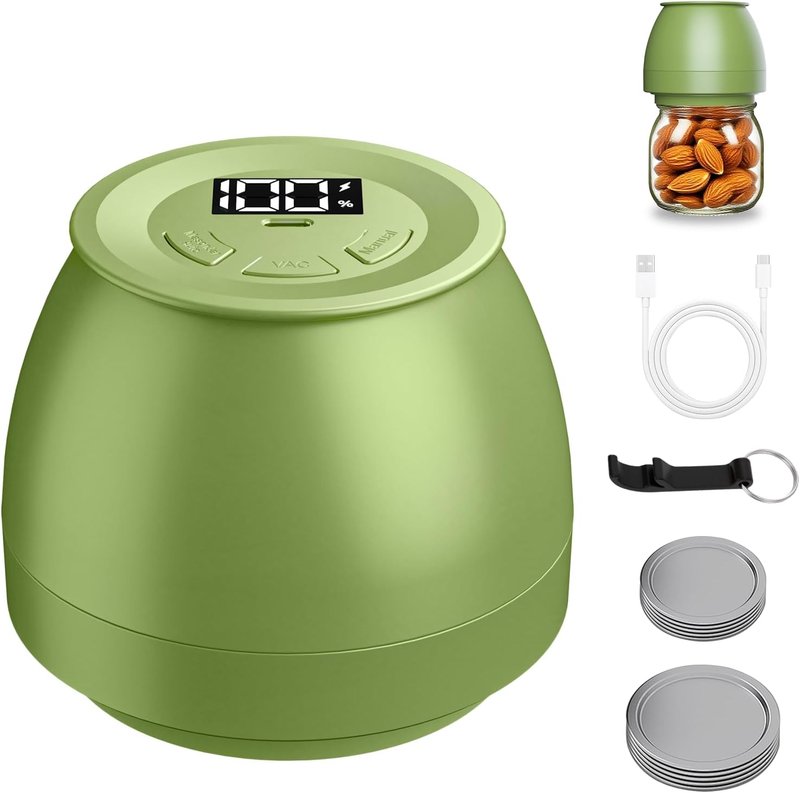 Electric Mason Jar Vacuum Sealer - Automatic Food Storage Sealing Machine for Regular & Wide Mouth Jars | Green