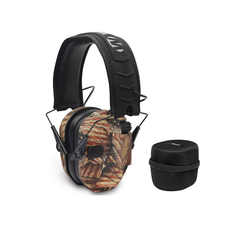 Walkers Game Ear Razor Slim Electronic Lightweight Shooting Hunting Range Hearing Protection Muffs (American Flag) Bundle with Protection Case (2 Items)