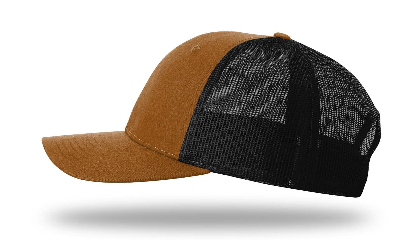 Richardson 115 Low Profile Trucker Hat Snapback Cap Adjustable Baseball Hat Blank Hat Bulk Hats - Caramel/Black