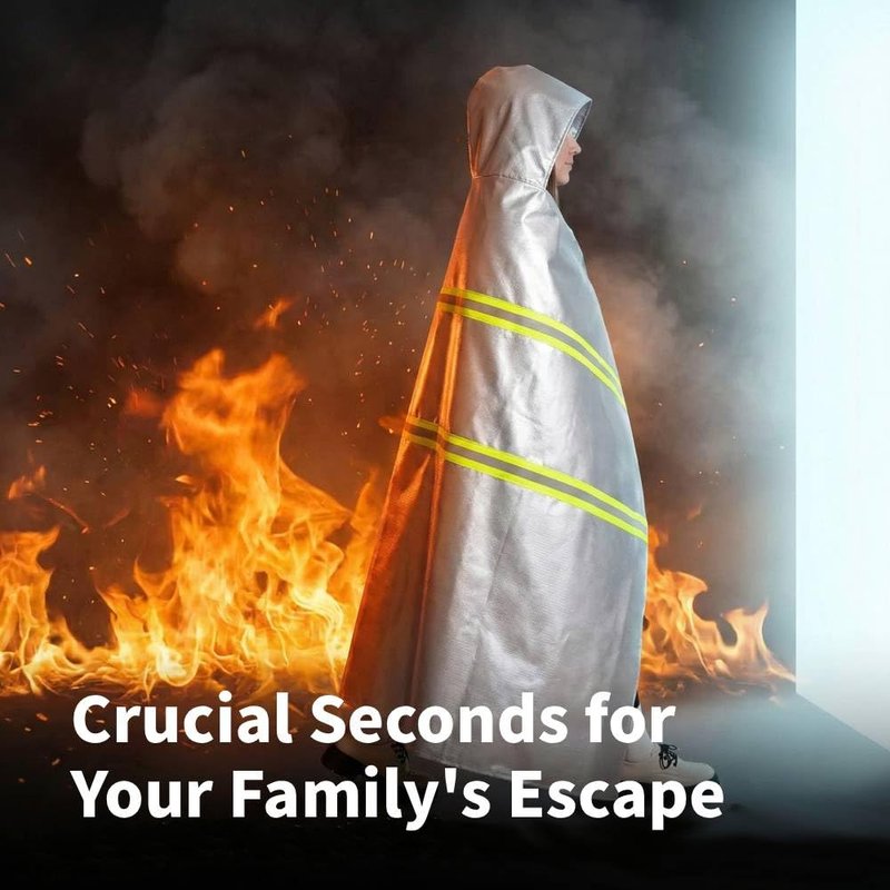 Utypee Emergency Fireproof Cloak with Hood – Silver Silicone Coated Fiberglass Fire Blanket, 59 x 63 Inches, Heat Resistant Safety Cover for Escape- fire Retardant Blanket - fire Extinguisher