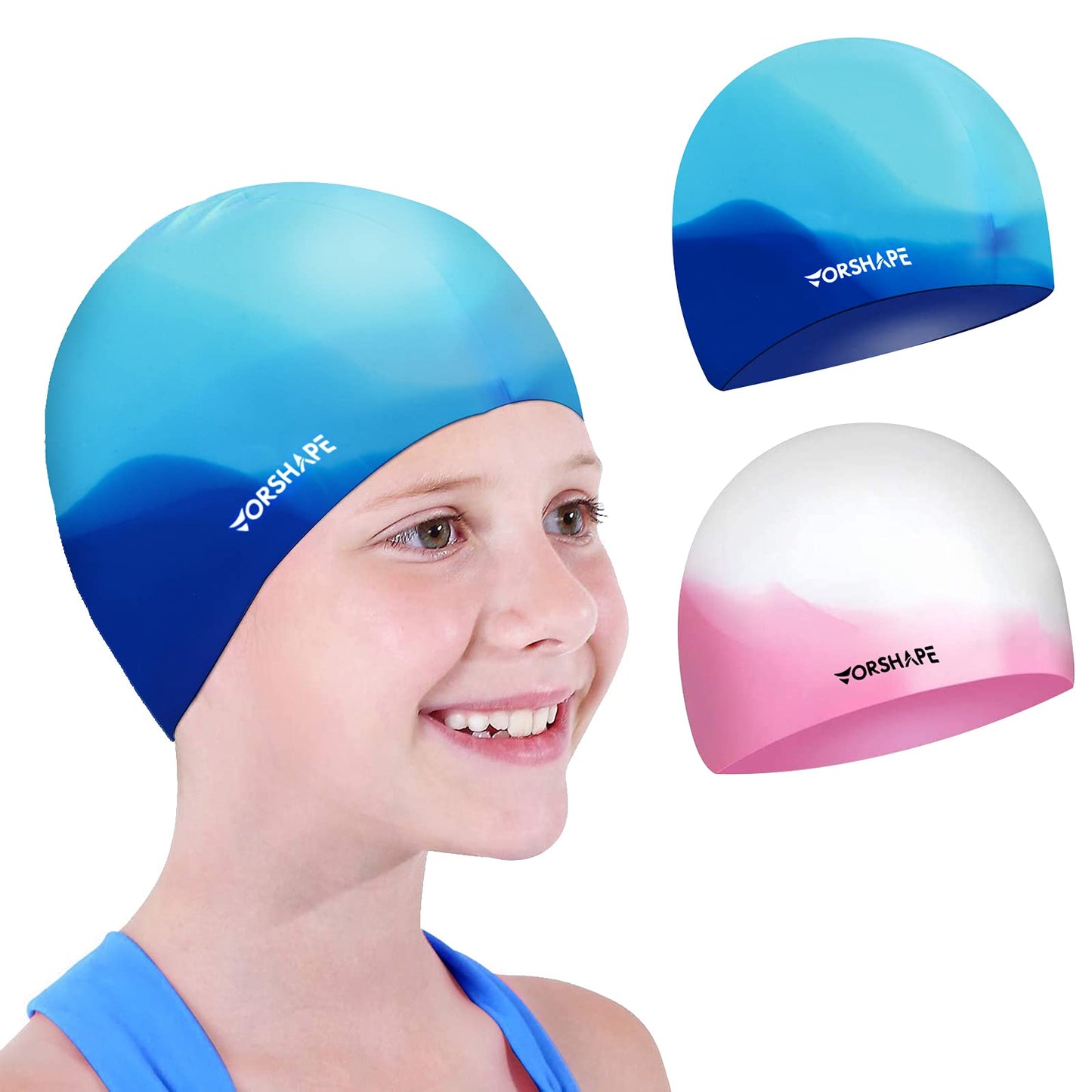 Swim Cap Kids (2 Pack), Durable Waterproof Swimming Cap for Girls Boys Teens Toddler Aged 3-12, Comfortable Fit for Long Hair and Short Hair