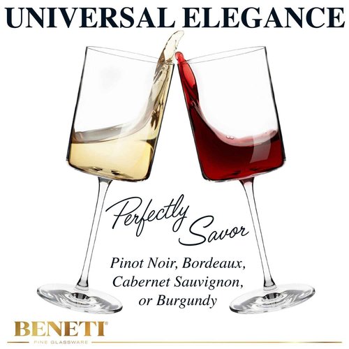 BENETI Square Crystal Wine Glasses Set Of 4 - European-made Handblown 14 oz Gift Packed Glasses - Large White & Red Wine Goblets W/Laser-cut Rim, Dishwasher-safe Clear glass gifts Set