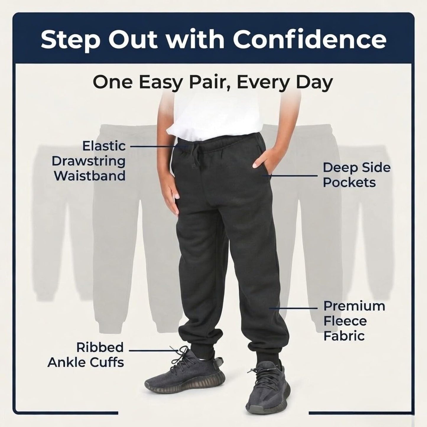 EVERYDAY KIDS Boys Black Cotton Fleece Sweatpants Joggers with Pockets; Boys Athletic Sweat Pants - Soft and Breathable Cotton/Poly Blend (6/7, Black)