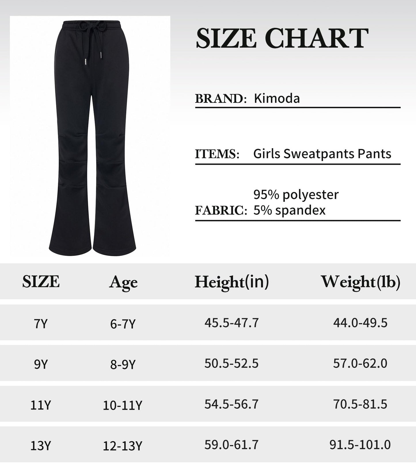 Kimoda Kids Sweatpants for Girls Size 10-11 Kids Fall Winter Casual High Waisted Drawstring Loose Jogger Pants with Pocket Jogger Pants for Girls Black