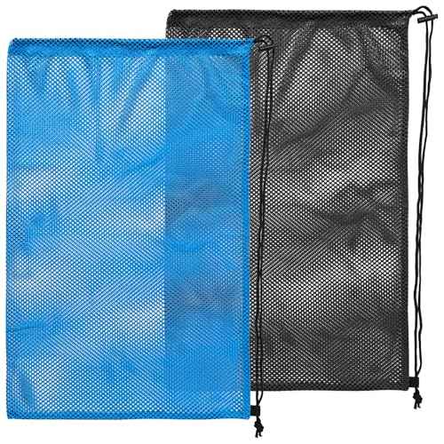 2 pcs Mesh Bag Oversized, 19" x 27" Mesh Snorkel Gear Bags, Large Drawstring Net Bag for Diving Snorkeling, Fins, Swimming Gear, Beach and Sports Equipment Balls Collect(Black & Blue)