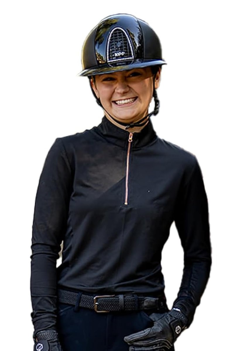 Equestrian Sun Shirt for Women -Ladies Long Sleeve Horseback Riding Base Layer Shirt - English and Dressage Horse Riders Gift (US, Alpha, Medium, Regular, Regular, Black & Rose Gold)