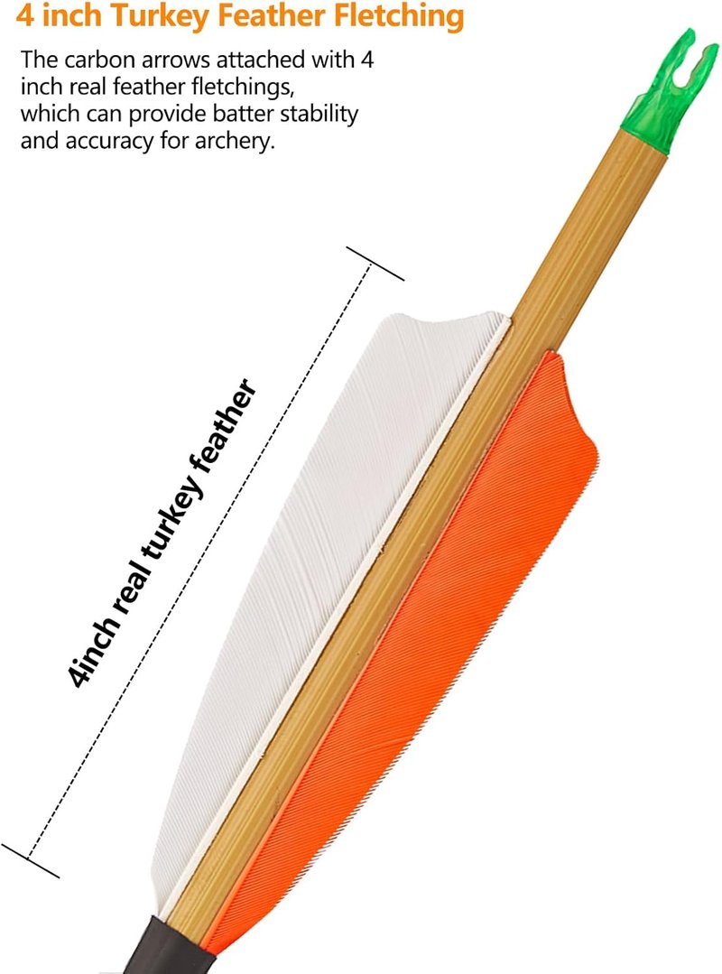 Premium 30" Carbon Hunting Arrows - 4" Turkey Feathers Fletching | 12-Pack 500 Spine Target Arrows for Recurve & Long Bow