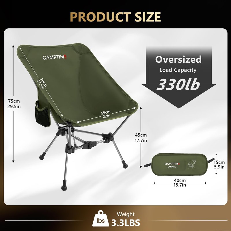 Camptime Portable Camping Chair, Lightweight Compact Backpacking Chair with Side Pocket, Wide Seat Folding Chair for Camping, Hiking, Beach - Supports 330Lbs, Black