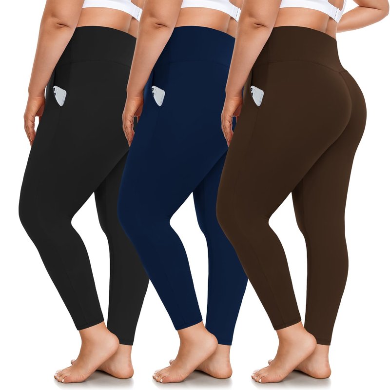 FULLSOFT 3 Pack Plus Size Leggings with Pockets for Women-High Waisted Tummy Control 1X-4X Soft Yoga Pants for Workout(Black,Navy Blue,Brown 4X-Large)