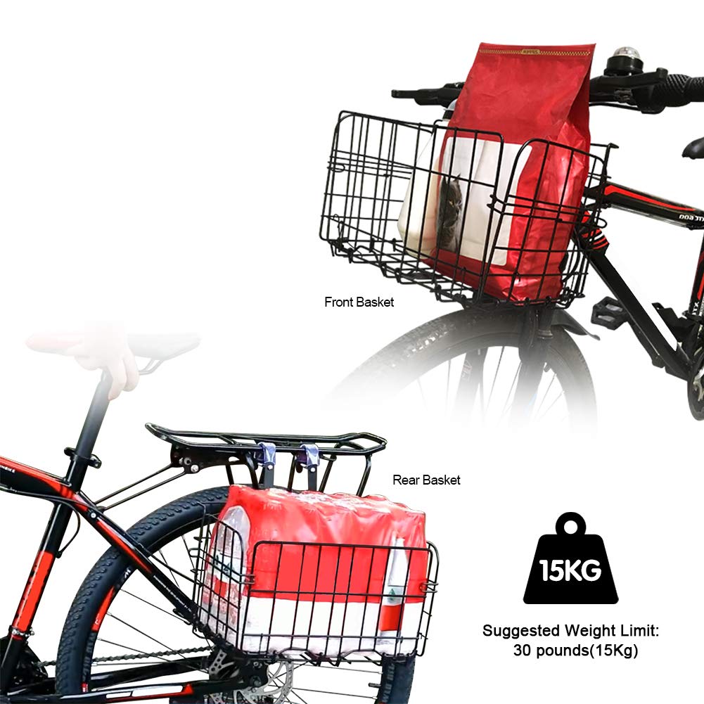 Wiel Bike Basket with Black Liner Rainproof Cover, Folding Steel Bicycle Basket Easy Install to Front Handlebar or Rear Rack, Heavy-Duty Metal Wire Bearing 33 lbs for Commuter Grocery Shopping Picnic