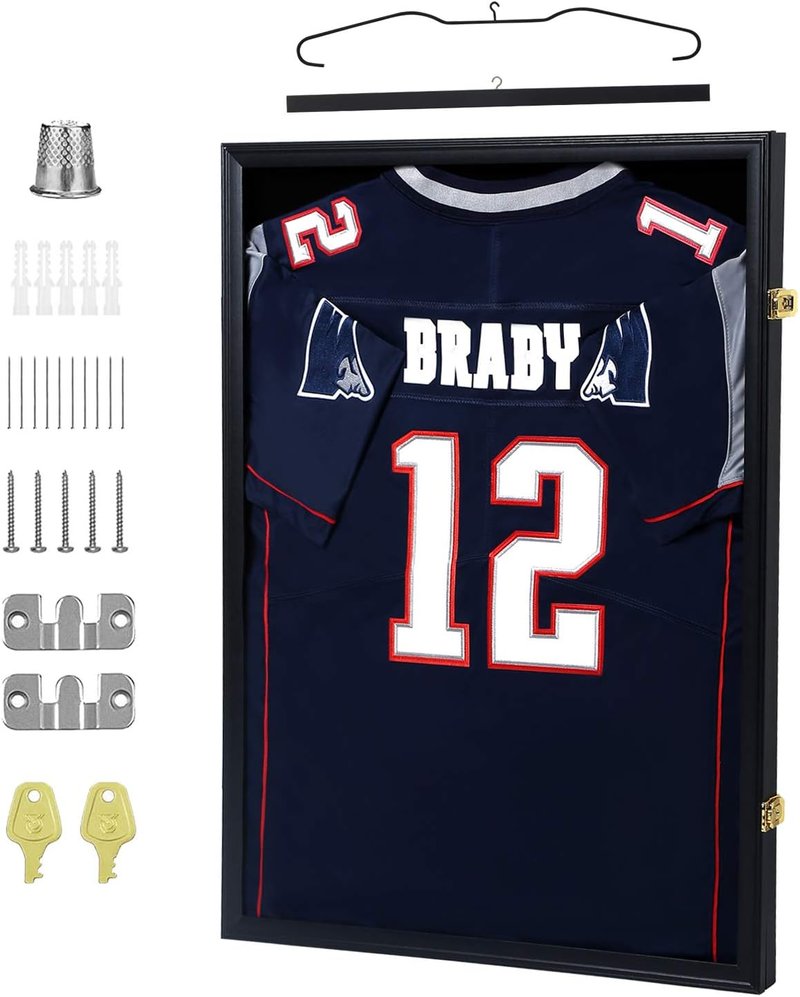 Jersey Display Frame Case - Lockable Sports Shadow Box with UV Protection Acrylic | Large Size for Baseball, Basketball, Football, Soccer, Hockey - Black